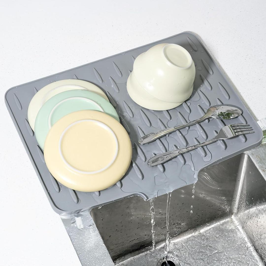 Silicone Dish Drying Mat for Kitchen Counter, Non-Slip Draining Mat Kitchen Drain Mats for Counter, Dish Drying Pad with Drain Lip for Kitchen Undercounter Sink (Gray, 15.7"x12.6")