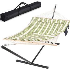 SUNCREAT Cotton Rope Hammock for Two People with Carrying Bag, Quilted Fabric Pad & Detachable Pillow, Extra Large Hammock with 12 FT Steel Stand, Ipad Bag & Cup Holder, Green&Beige