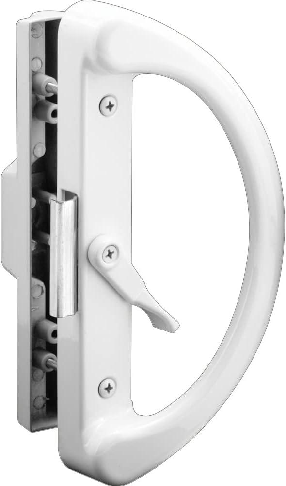 Prime-Line C 1223 Non-Keyed Sliding Glass Door Handle Set  Replace Old or Damaged Door Handles Quickly and Easily  White Diecast, Clamp Style, Surface Mount, Fits 4-15/16 in. Hole Spacing (1 Pack)