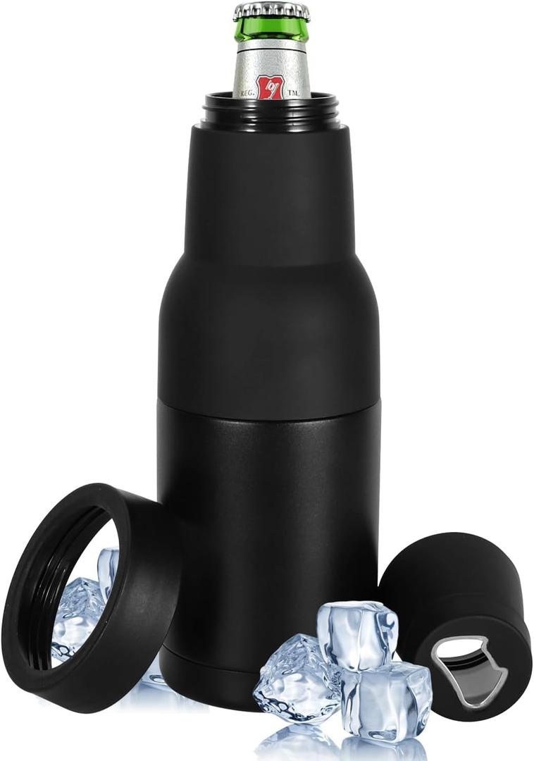 12oz Universal Beer Bottle Holder Double Walled SS Beer Bottle Cooler 3 in 1 Can Koozie with Beer Opener Vacuum Insulated - fit Fishing,Camping Outdoor Activities and Nice Gift for Men(Black)