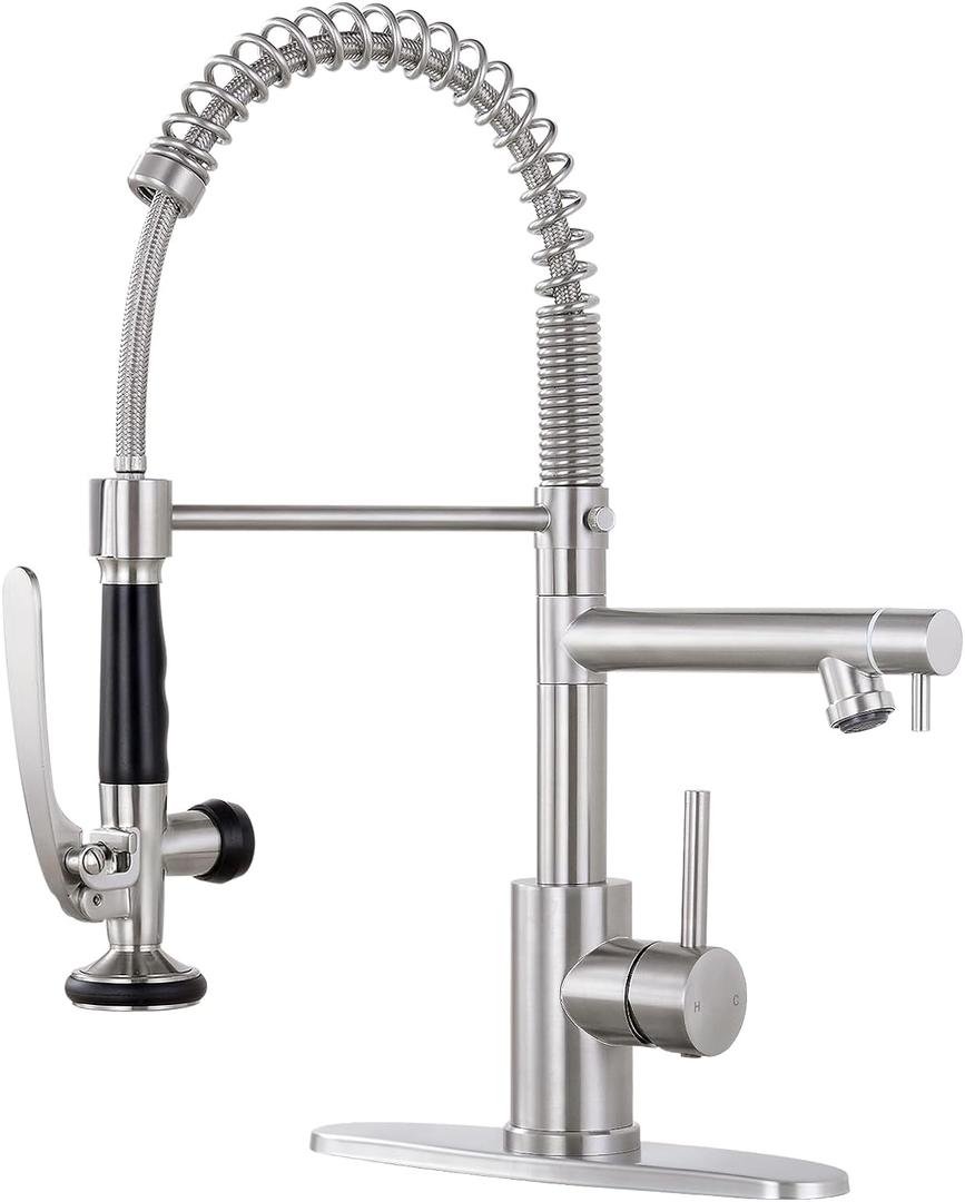 Qomolangma Commercial Kitchen Sink Faucet with Pull Down Sprayer, High Arch Spring Stainless Steel Single Handle Kitchen Faucets with Sprayer, with Deck Plate, Brushed Nickel