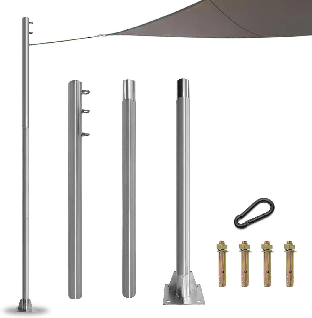 10ft Shade Sail Poles, Silver, Stainless Steel, Contemporary Style, Not Water Resistant, Shade Sails, Post Mount, Screw-In Installation, Concrete Base Bracket