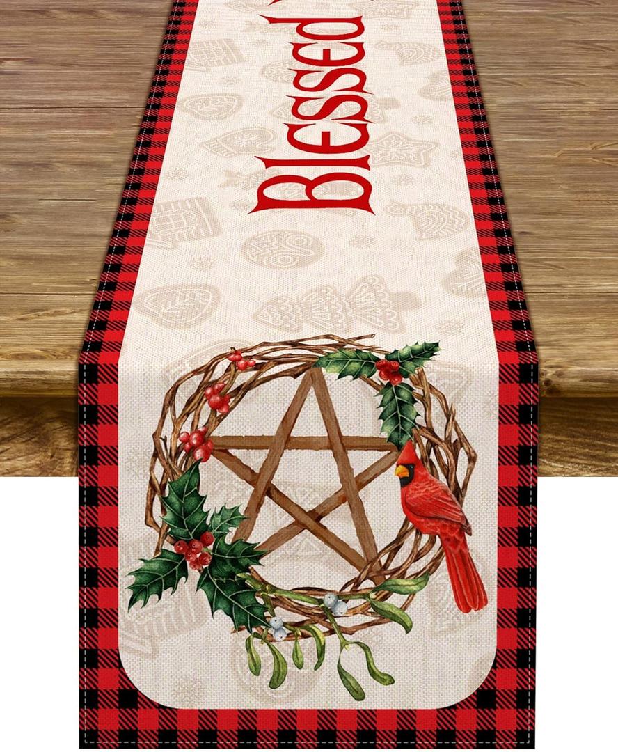 Blessed Yule Table Runner Buffalo Plaid Check Pagan Winter Solstice Holiday Fireplace Kitchen Dining Home Decoration (White, 13" x 72")