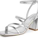 Modatope Women Heeled Sandals Strappy Heels Square Open Toe Chunky Block Heels Ankle Strap Sandals for Women Comfortable Heels (9, Silver)