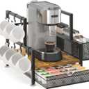 EsLuker.ly Coffee Bar Station Organizer with K Cup Drawer, Pod Holder Storage Rack with 7 Mug Hooks for Countertop, Wooden Coffee Machine Maker Stand for Home Office, Space-Saving for Coffee Lovers (Black+Vintage Brown)