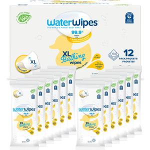 WaterWipes Plastic-Free XL Bathing Wipes for toddlers & babies, 99.9% Water Based Wipes, Unscented & Hypoallergenic for Sensitive Skin, 192 Count (12 pack), Packaging May Vary