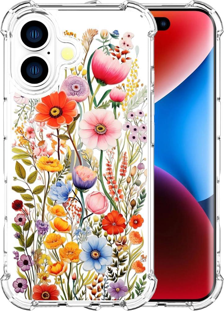 Compatible for iPhone 17 Cases with Design, Cute Transparent Designer Phone Case for Women Girls Girly with Heavy Duty Protective Bumper (Clear Anemone Flower Floral)