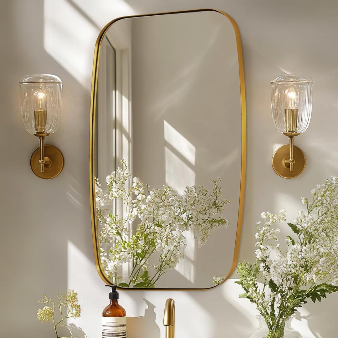 ANDY STAR Brass Bathroom Mirror, 24x32 Brushed Gold Metal Frame Oblong Mirror for Bathroom, Modern Gold Oval Bathroom Mirror for Over Sink, Hangs Horizontal or Vertical