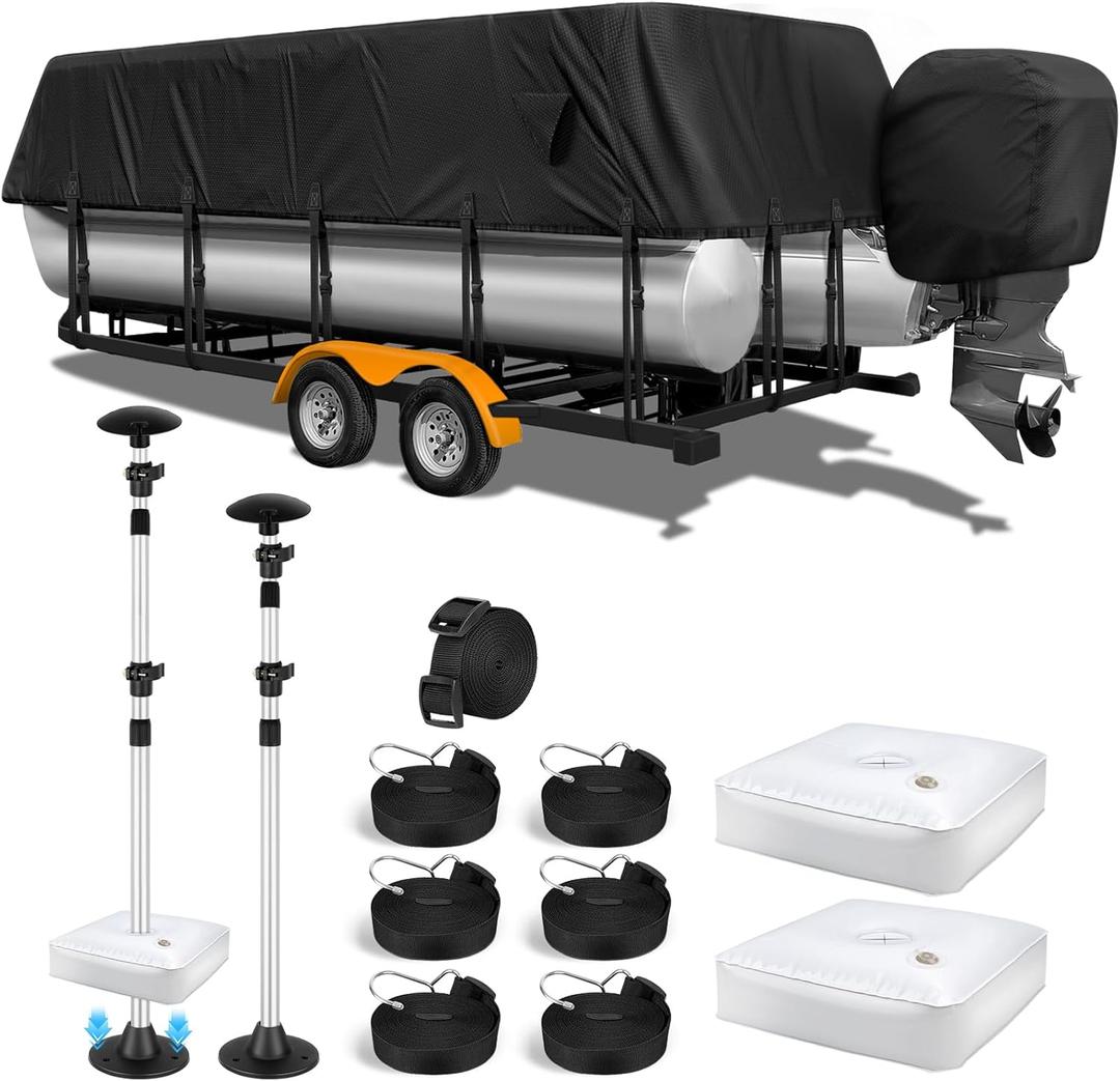 1200D Pontoon Boat Cover with Support Poles 2 Pack, Heavy Duty Pontoon Boat Cover, 17-20 ft Waterproof Boat Cover for Pontoon with Motor Cover, Adjustable 14 Tie Down Straps,Black