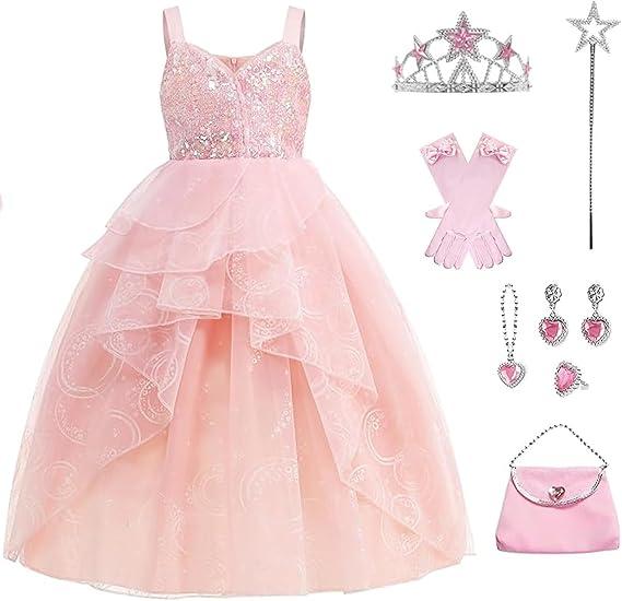 WYB Glinda Dress for Girls Pink Witch Costume for Girls Halloween Cosplay Outfits Party Dress with Accessories, Size 110