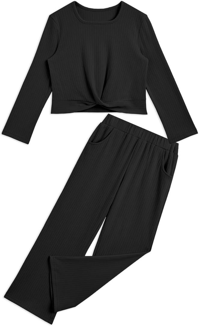 Girls Fall Outfits Tie Knot Crop Tops Wide Leg Pants with Pockets 2025 Winter Sets Active Wear (7-8 Years, Black)