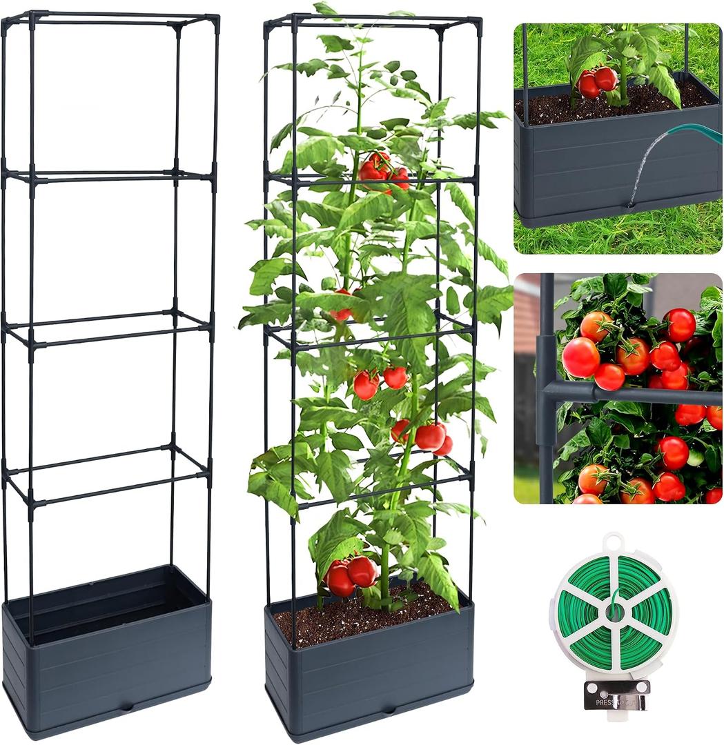 2 Packs Raised Garden Bed Tomato Planter Box with Trellis, 55.2" Self-Watering Tomato Cage with Rectangular Trellis for Climbing Plants Flowers Vegetables Vine in Patio Garden Indoor Outdoor, 4 Tiers-55.2"