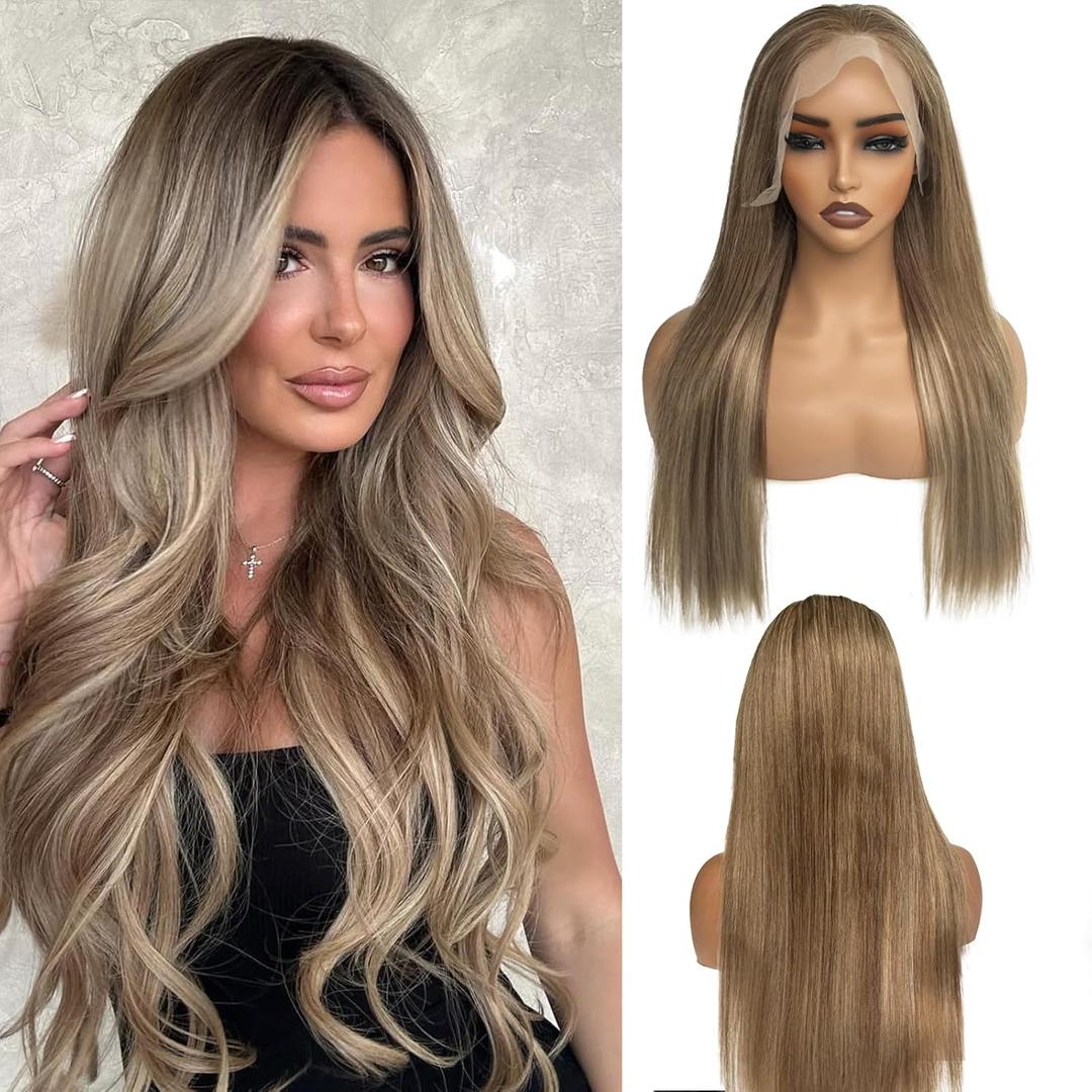 22 Inch Ombre Lace Front Wig Human Hair 13x6 Straight Highlight Light Brown to Chestnut Brown with Ash Blonde Lace Closure Wigs Human Hair for Women Real Brazilian Virgin Hair Pre Plucked Hairline