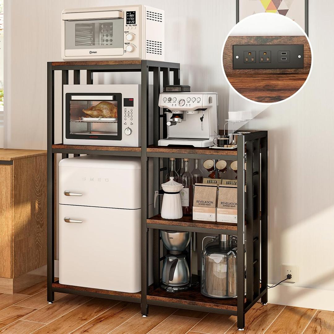 METYERRY 6-Tier Adjustable Mini Fridge Cabinet with Power Outlet,Kitchen Bakers Rack with Storage,Mini Fridge and Microwave Stand,Coffee Bar, Free Standing Shelf for Kitchen, Home Office,Rustic Brown, 39.8 x15.7 x 51.2 in