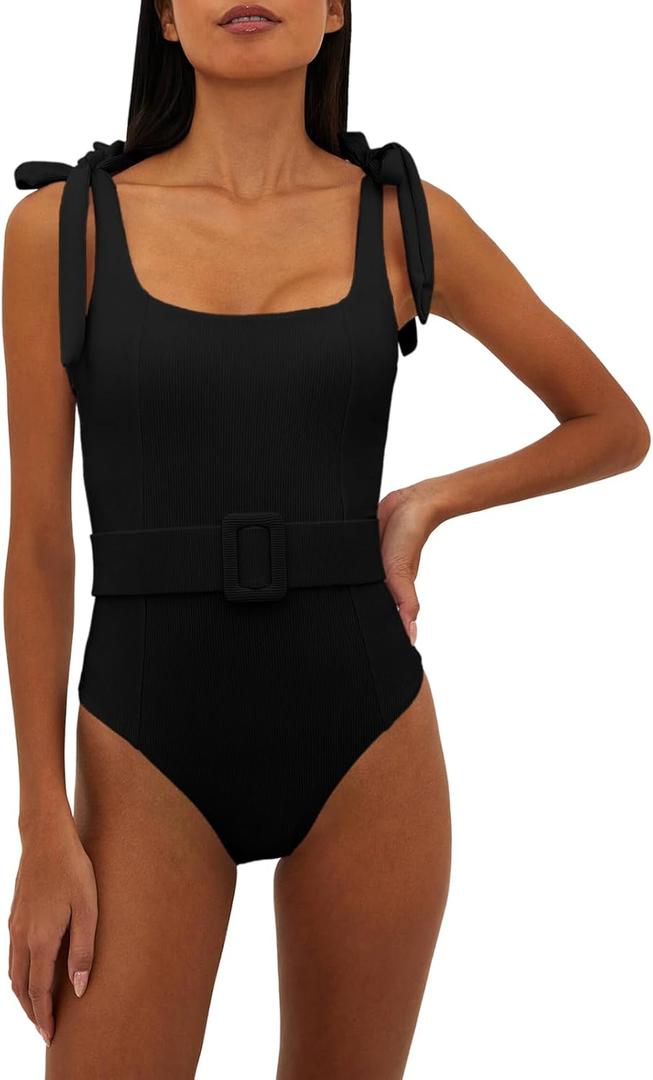 Saodimallsu Womens Sexy One Piece Bathing Suit High Cut Knit Square Neck Tied Strappy Swimsuit with Belt (Large, Black)