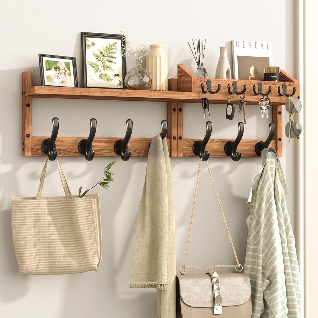Evermagin 29" Coat Rack Wall Mount with Shelf, 4 in 1 Wall Mounted Coat and Key Hanger with 11 Hooks, Entryway Key Holder with Mail Holder for Living Room, Bedroom (Brown)