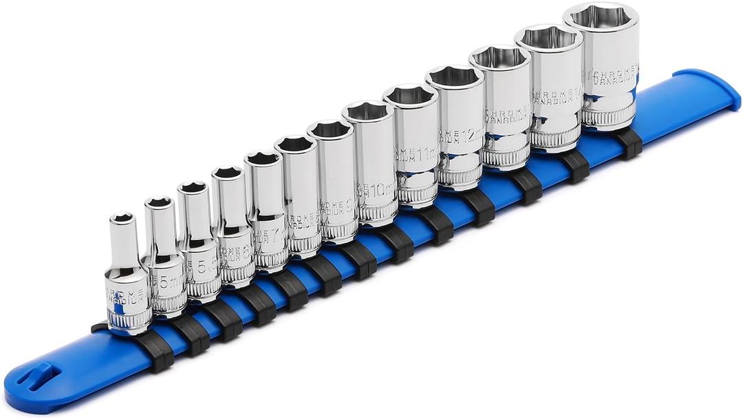 CASOMAN 13PCS 1/4"Drive Mid-Length Socket Set, 6-Point, Mirror Chrome Finish, Metric, 4mm to 15 mm