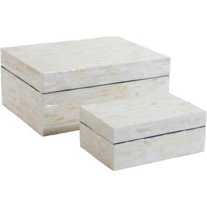 PEMAR Set of 2 Mother of Pearl Decorative Boxes w Lids, Handmade Mosaic Keepsake Jewelry Box Rectangular Treasure Chest, Shelf Decorative Wooden Box for Memory Tea Bags Coffee Accessories (White)
