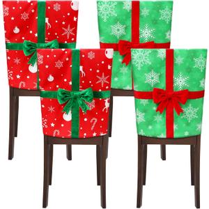Kingdder 4 Pack Christmas Chair Covers Chair Back Covers for Dining Chairs Removable Washable Stretch Christmas Chair Covers with Bowknot for Christmas Home, Kitchen, Dining Room Chair Decoration