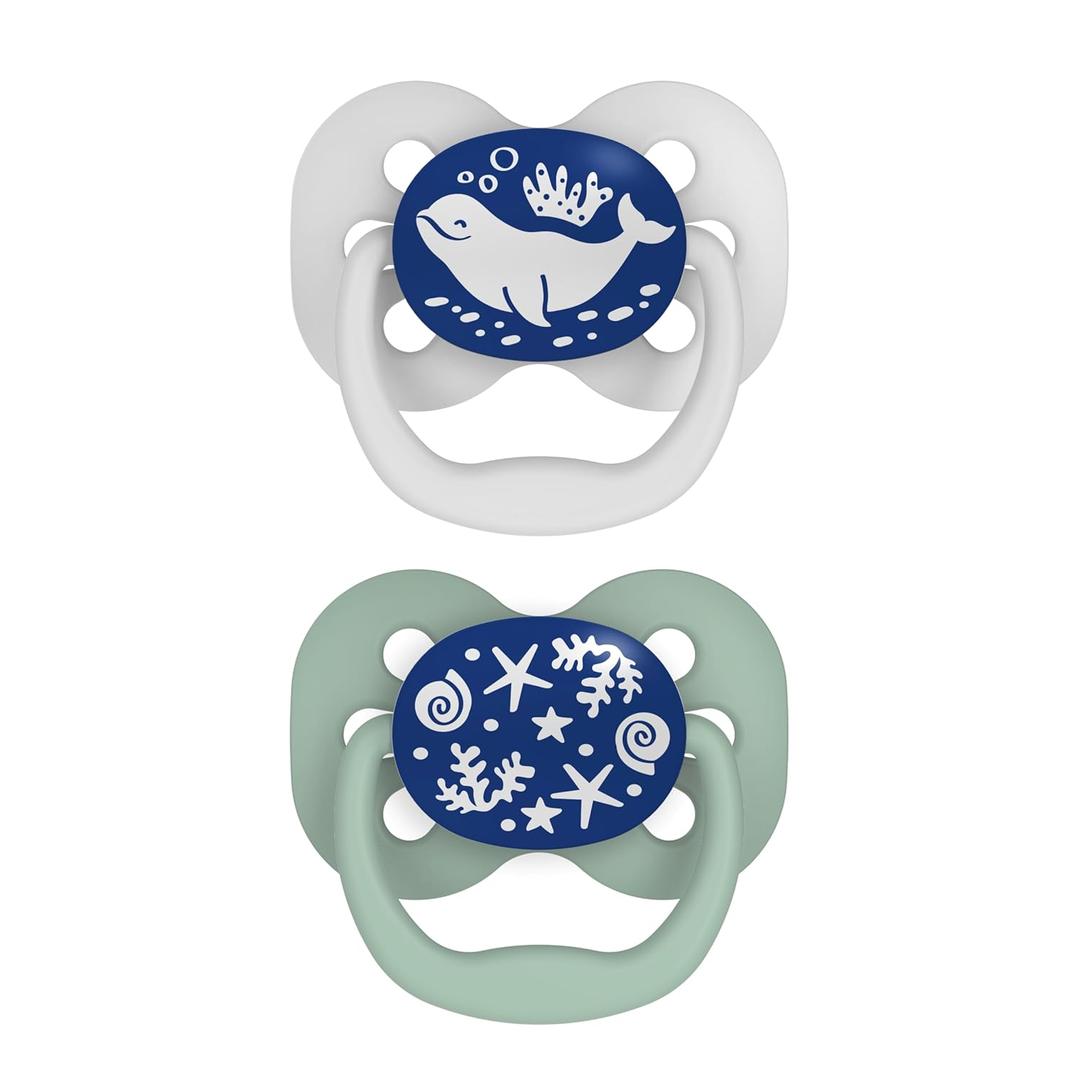 Dr. Brown's Advantage Glow-in-the-Dark Baby Pacifier, Fully Symmetrical Soother with Soft Silicone Bulb, Blue Ocean, 0-6m, BPA Free, 2 Pack (2 Pack, Glow-in-the-Dark Blue Ocean)