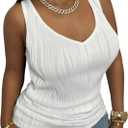 Women's Plus Size Summer Tank Top V Neck Textured Sleeveless Tops Fitted Basic Undershirts (White, XXL)