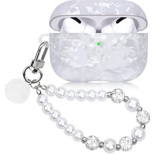 Cute Case for Airpods Pro with Pearl Keychain Lanyard Cover Compatible with AirPod Pro (2019) 1st Generation Shell for Women (White)