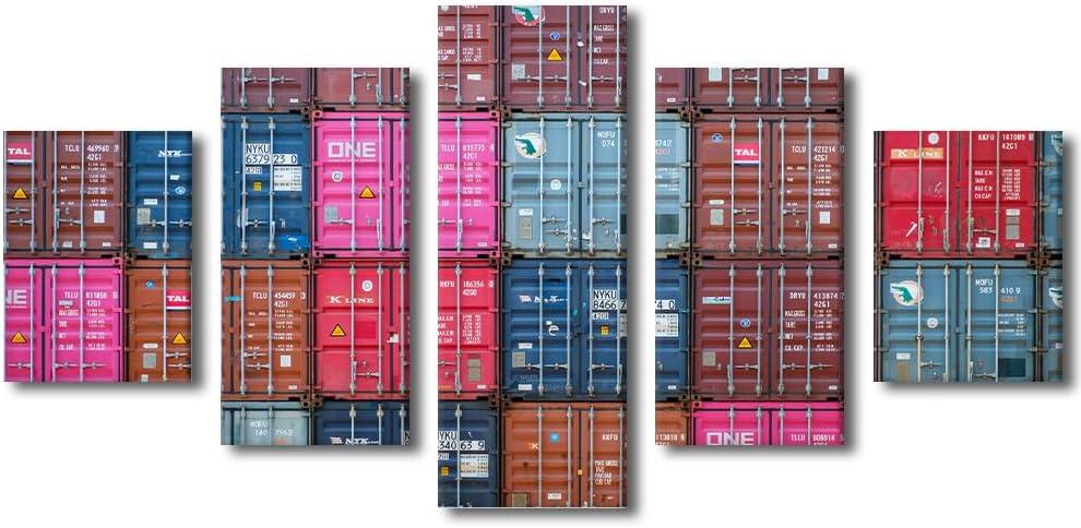 Bathroom Decor Wall Art Shipping Container Wall Paintings 5 Pieces Freight Harbour Logistics Centre Wall Art for Living Room Decor Industrial Port Wall Pictures Framed Ready to Hang (60''Wx 32''H)