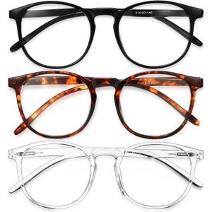 IBOANN Chic & Comfy Blue Light Glasses for Women - 3-Pack Round Frames, Screen-Ready Style with UV Protection Coating (A3 Light Black & Acorn Tortoise & Transparent)