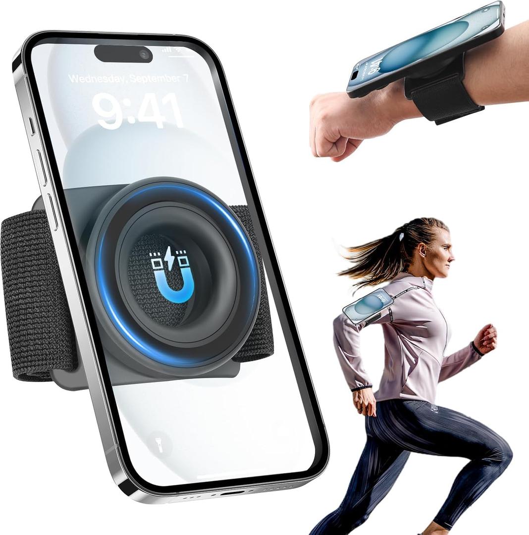 Running Phone Holder for iPhone [360 Rotatable & Upgrade Anti-Drop] Magnetic Wrist Phone Holder, Magsafe Armband Compatible with iPhone 17 Pro and Android - Black