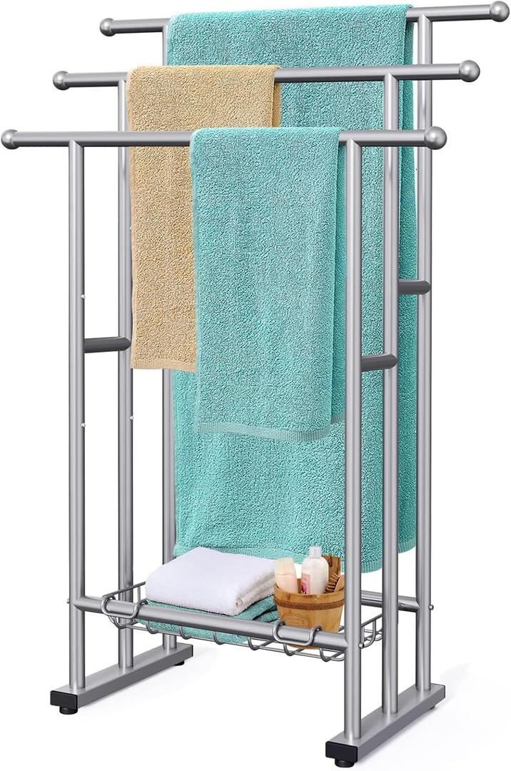40" Tall Freestanding Towel Racks for Bathroom, 3 Tier Floor Towel Rack with Storage Basket, Blanket Ladder Drying and Display Rack for Large Bath & Hand Towel Outdoor Poolside (Silver) (Grey)