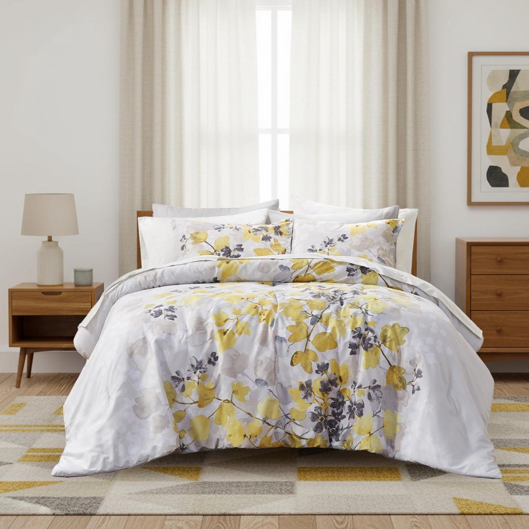 Regency Heights Queen Comforter Set Yellow Bed Set, 9 Pieces Cute Floral Bedding Set Ultra Soft Botanical Flowers Comforter, Sheets, Pillowcases & Shams