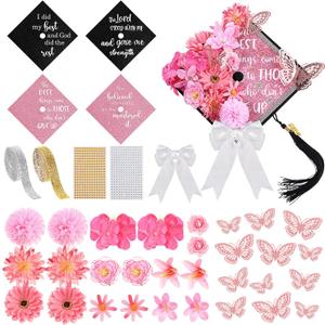 Dunzoom 40 Pcs DIY Graduation Cap Decorations Kit Artificial Flowers Inspirational Cardstock 3D Butterfly Stickers Ribbon Bow Rhinestone Stickers for Grad Cap Topper Graduation Party(Pink)