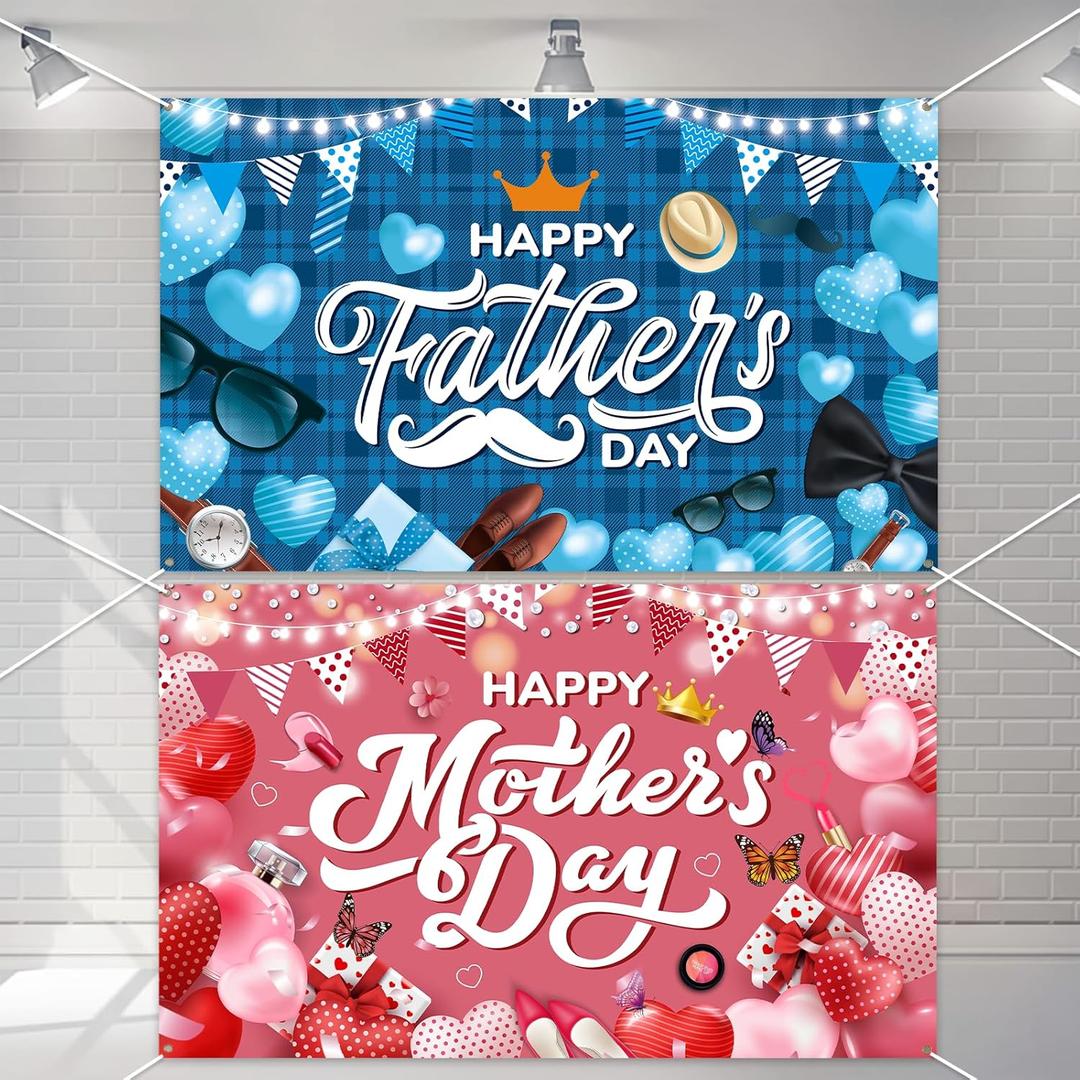 2PCS Happy Mother's Day Banner and Fathers Days Banner Set Large Fathers and Mothers Day Backdrop with Heart Letter Party for Mothersday Decoration Yard Sign Thanks Mom Dad Background Gifts