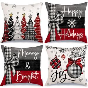 GEEORY Christmas Throw Pillow Covers 16 x 16 Inch Set of 4, Xmas Trees Merry and Bright Happy Holidays Farmhouse Decorative Cushion Cases for Home Decoration G418-16 (Multicolor)