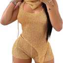 KANSOON Sexy Two Piece Outfits for Women Sequin Knit Backless Irregular Halter Tank Top Crochet Shorts Set with Shades (Gold)