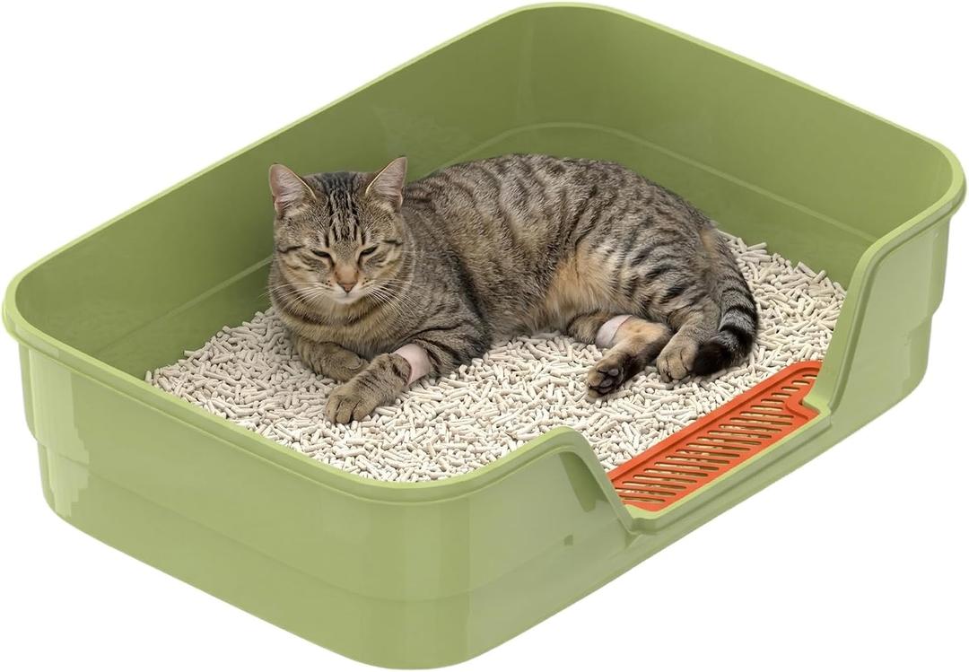 Low Entry Litter Box for Senior Cats Extra Large Cat Litter Box with High Sides for Kitten, Anti Splashing & Easy to Clean for Indoor Cats Litter Pan (Green)