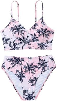 BEAUDRM Girl's 2 Piece Floral Swimsuit Bikini Set High Waisted Bathing Suits Swimwear, 10Y