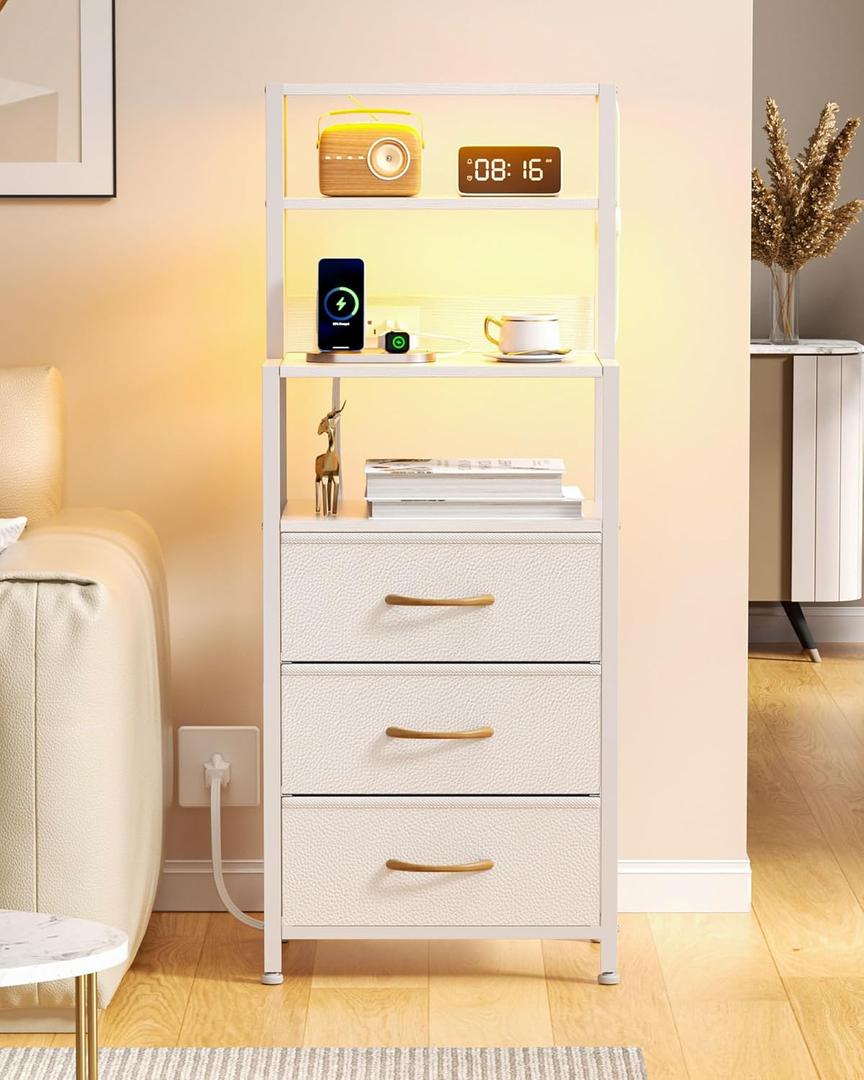 Furnulem Night Stand, White Bedside Nightstand with 4-Tier Shelves and 3 Fabric Drawers, LED Bed Side Tables with Charging Station, Tall Dresser for Bedroom, Hallway, Office
