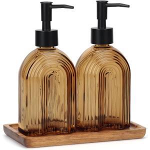 2 Pack Arch Glass Soap Dispenser with Plastic Pump, 11OZ Liquid Hand Soap Dispenser with Acacia Wood Tray, Rustproof Pump for Kitchen & Bathroom, Great for Lotions, Essential Oil, Liquid Soaps,Amber
