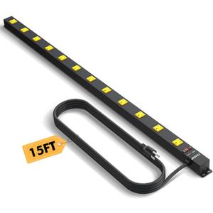 12 Outlet Industrial Long Power Strip with 15Ft Cord, 1875W Heavy Duty Metal Power Strip with Wide-Spaced Outlets & Overload Protection, ETL Listed for Garage, Workshop, Office, Home