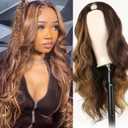 SCENTW V Part Wig Body Wave Synthetic Wigs for Women 24inch Brown wig with highlights V Part Wigs Upgrade U Part Wigs Glueless Full Head Clip in Half Wig for Black Women