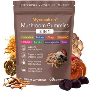 New Mushroom Gummies 8 in 1- Lion's Mane, Cordyceps,Ashwagandha & Reishi Gummies for Adults,Immune Support & Energy Boost, Non-GMO, 60 Gummies