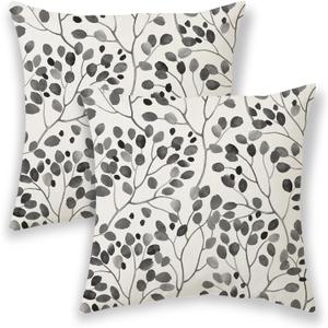 BETGINY Black Outdoor Pillow Covers 18x18 Inch 2 Pcs, Grey Colorful Leaves Decorative Throw Pillows, Plant Flower Floral Spring Summer Seasonal Decor Pillowcase Linen Cushion Cover for Couch Sofa