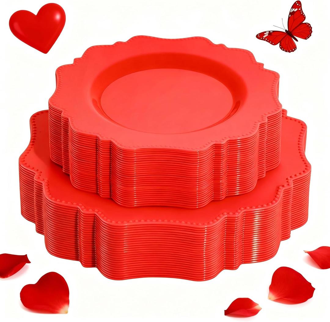 COLOSUS Disposable Plastic Plates 60Pcs, Christmas Red Plastic Party Plates, Heavy Duty 30 Dinner plate 10.5 and 30 Salad/Dessert Plate 8.25 for Christmas party dinner