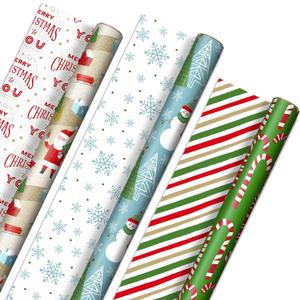Hallmark Reversible Christmas Wrapping Paper (3 Rolls: 120 sq. ft. ttl) Rustic Santa, Papercraft Snowmen, Candy Canes, Stripes, Snowflakes, "Merry Christmas to You"