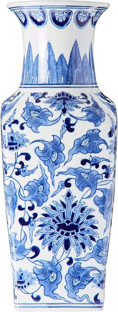 K&K Interiors Porcelain Blue and White Chinoiserie Square Vase, - 15299A
