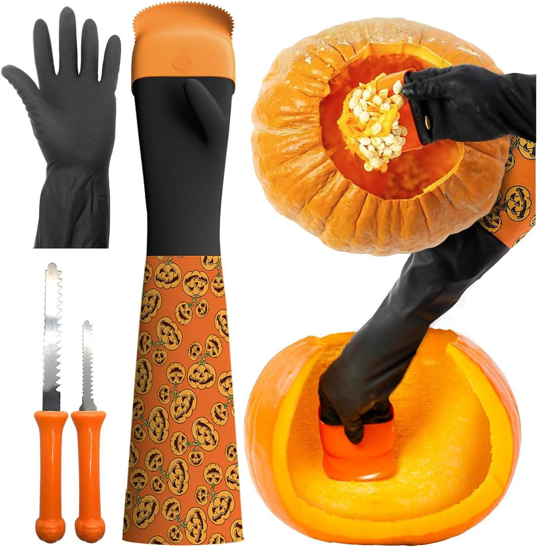 Pumpkin Scraper Glove  As Seen On Shark Tank - Mess Free and Fun Pumpkin Carving Kit  Carve and Clean Jack-O-Lantern Guts with Ease and Zero Mess on Your Hands! (Adult Kit)