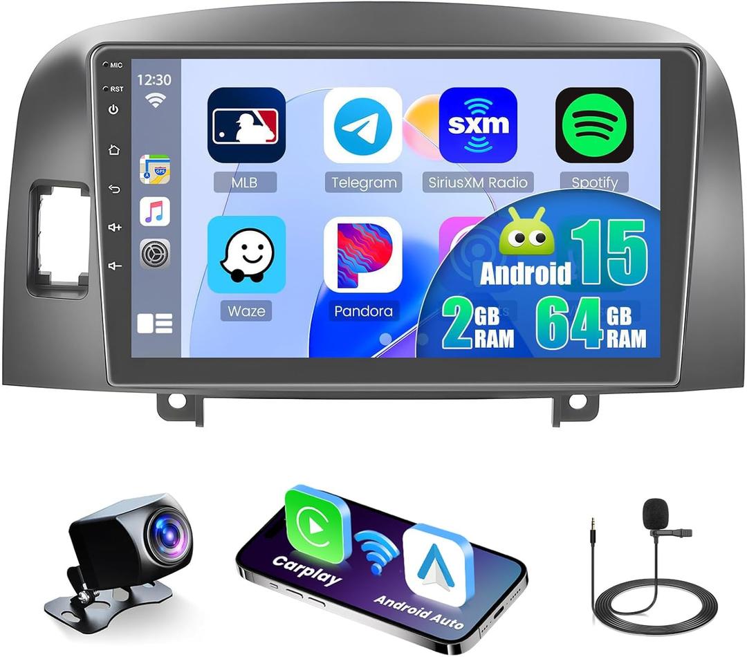 2+64G for Hyundai Sonata 2004-2008 Android 15 Car Stereo Wireless Apple CarPlay Android Auto, 9 inch Touch Screen Radio WiFi Bluetooth GPS FM RDS+Free AHD Backup Cam