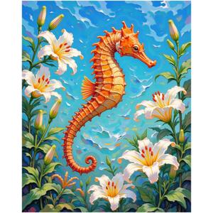 EnLvYY Seahorse Paint by Numbers for Adults, DIY Acrylic Painting Kit for Beginners, Colorful Seahorse with Lily Flowers Wall Art, Gift for Ocean Lovers and Nature Enthusiasts,16X20IN Framed
