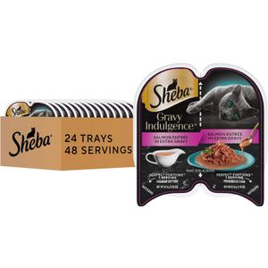Sheba Gravy Indulgence Adult Wet Cat Food, Wet Food for Cats Salmon Entree in Extra Gravy, 2.6 oz. Twin-Pack Trays (24 Count, 48 Servings) (EXP 05/14/28)